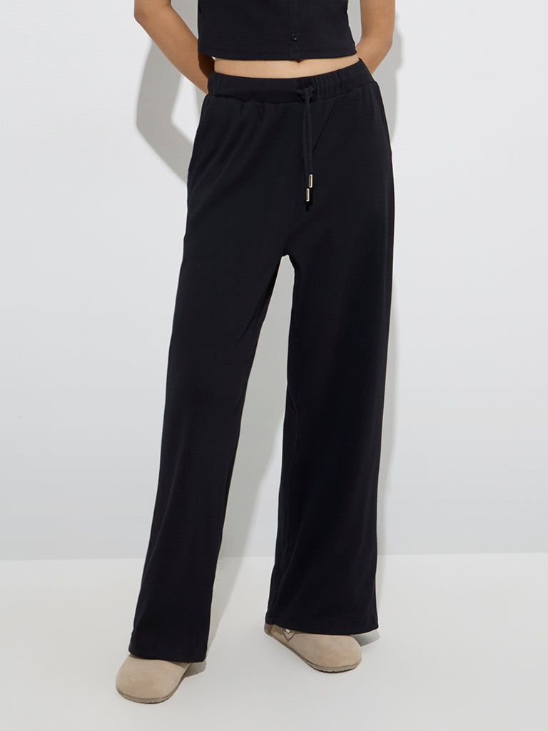 Superstar Black Ribbed High-Rise Cotton-Blend Pants