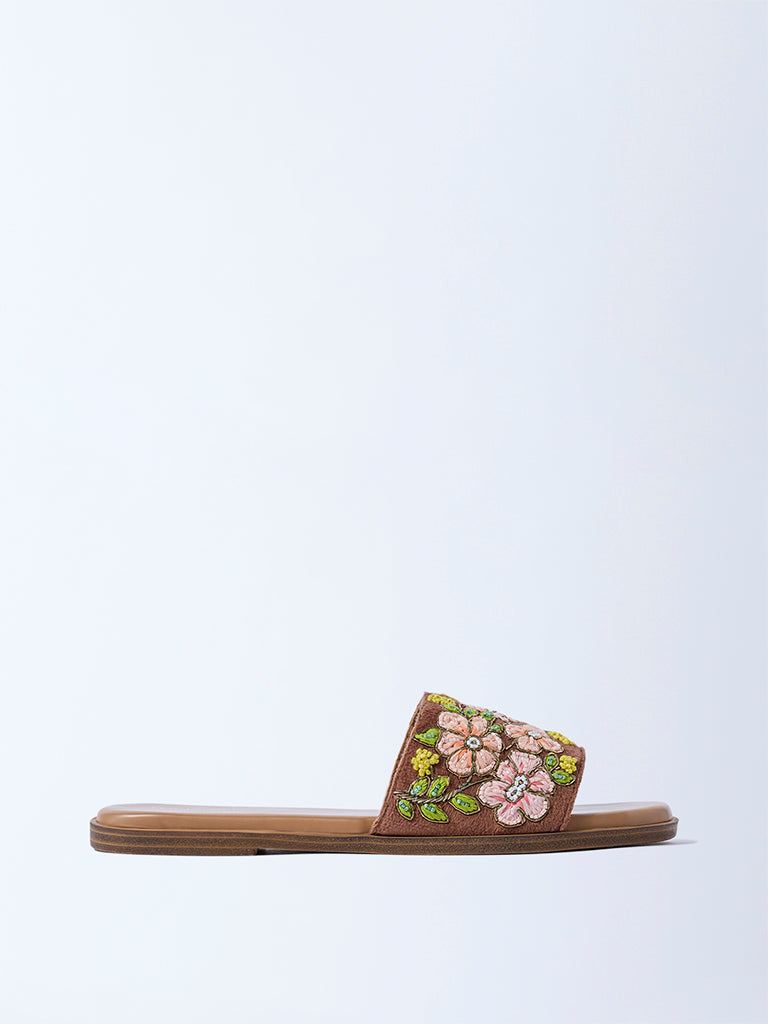 LUNA BLU Tan Floral Embroidered Slides