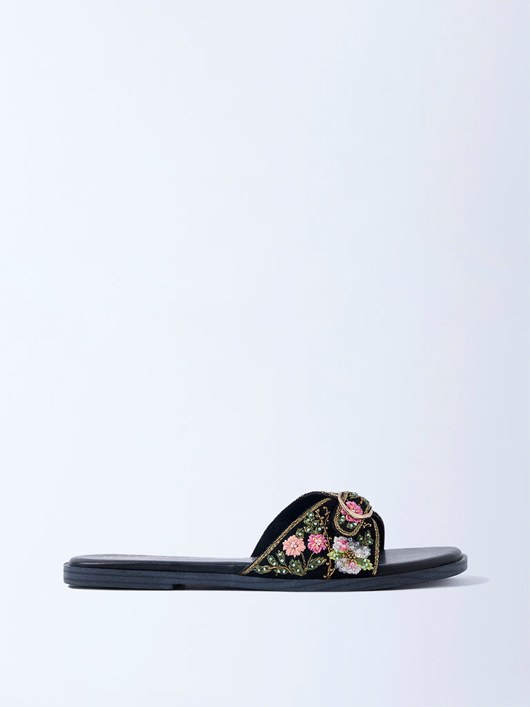 LUNA BLU Black Floral Embroidered Slides