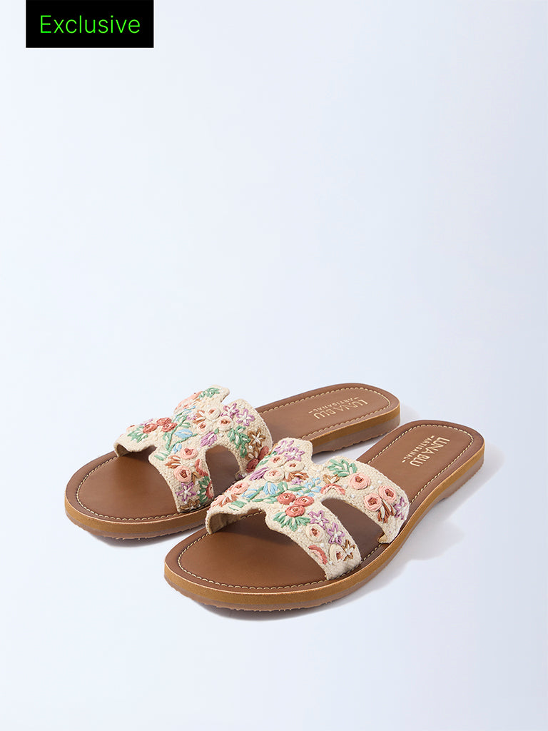 LUNA BLU Ivory Floral Embroidered Slides - Exclusive