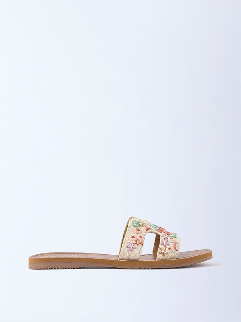 LUNA BLU Ivory Floral Embroidered Slides - Exclusive