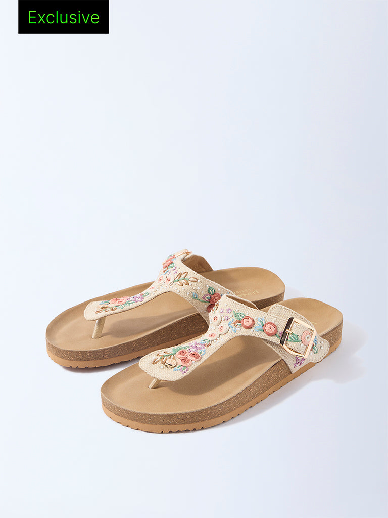 LUNA BLU Ivory Floral Embroidered Thong-Strap Sandals - Exclusive
