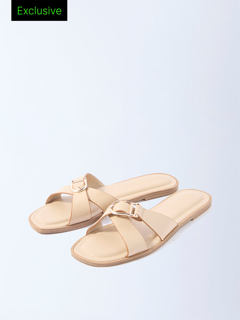 LUNA BLU Cream Criss-Cross Detailed Slides- Exclusive