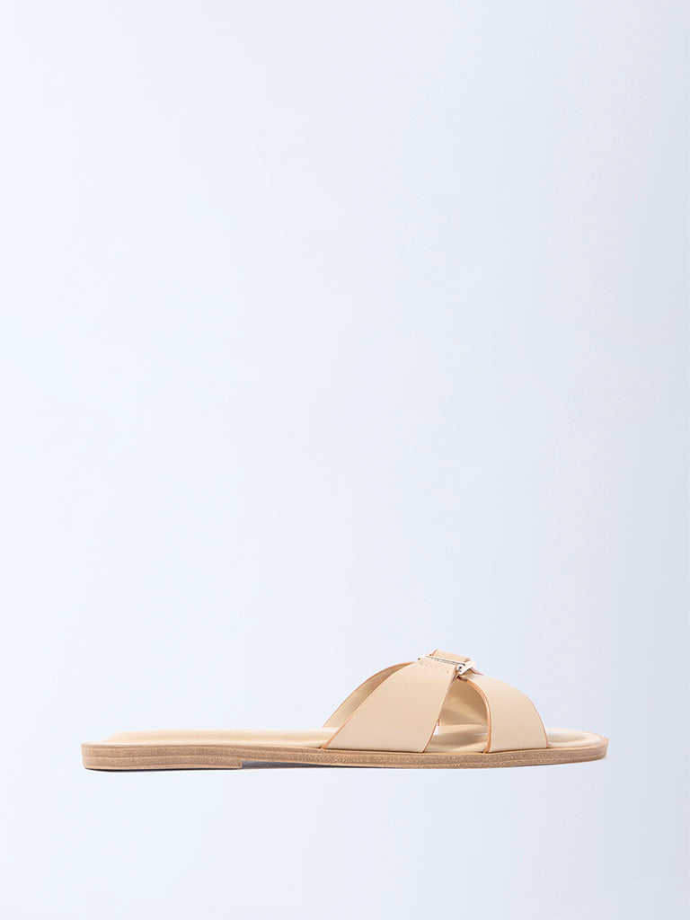 LUNA BLU Cream Criss-Cross Detailed Slides- Exclusive