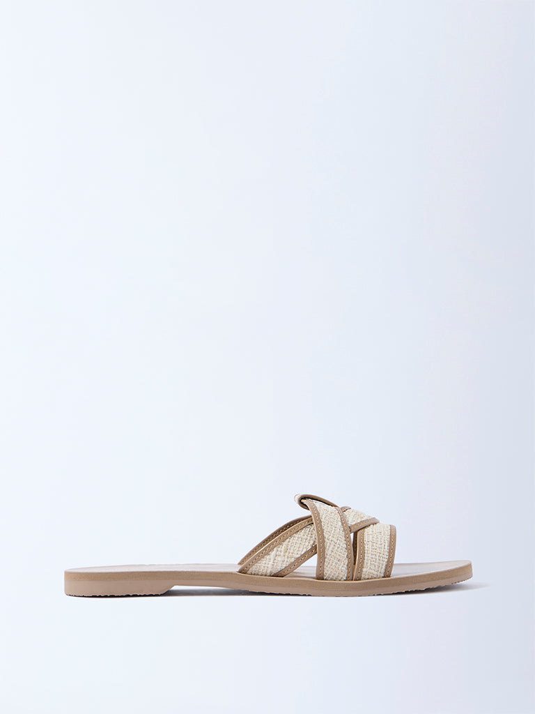 LUNA BLU Taupe Raffia-Textured Multi-Strap Slides - Exclusive