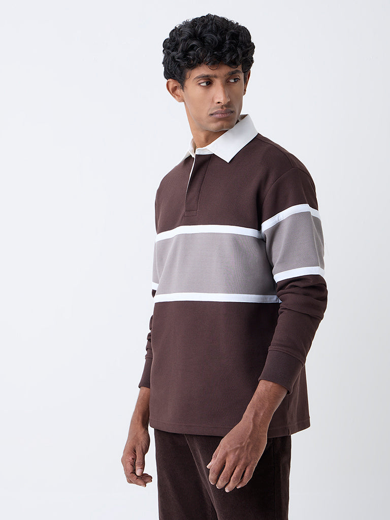 WES Casuals Dark Brown Relaxed-Fit Polo Cotton-Blend T-Shirt