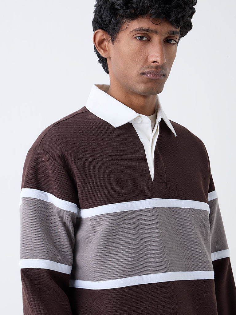 WES Casuals Dark Brown Relaxed-Fit Polo Cotton-Blend T-Shirt