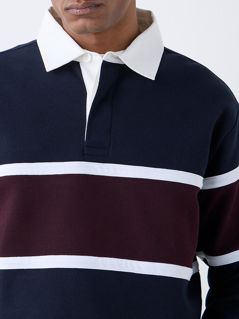 WES Casuals Navy Colour-Blocked Relaxed-Fit Polo T-Shirt