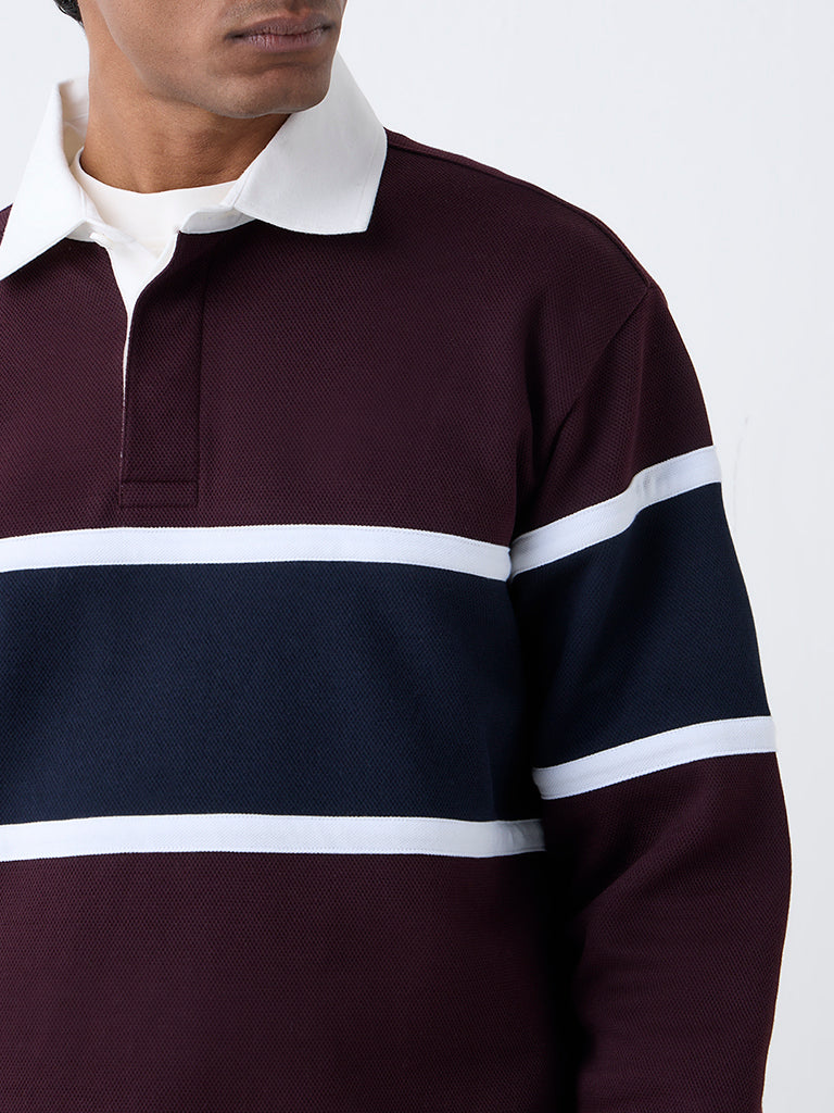 WES Casuals Wine Colour-Blocked Relaxed-Fit Polo T-Shirt