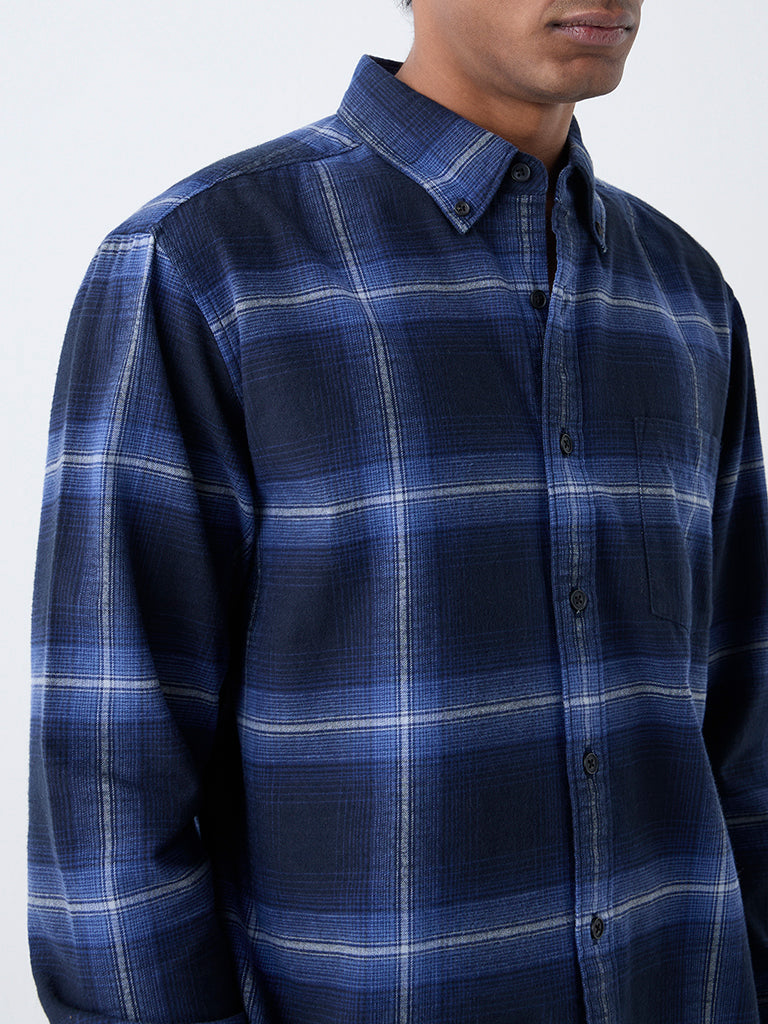 WES Casuals Navy Checkered Relaxed-Fit Cotton Shirt