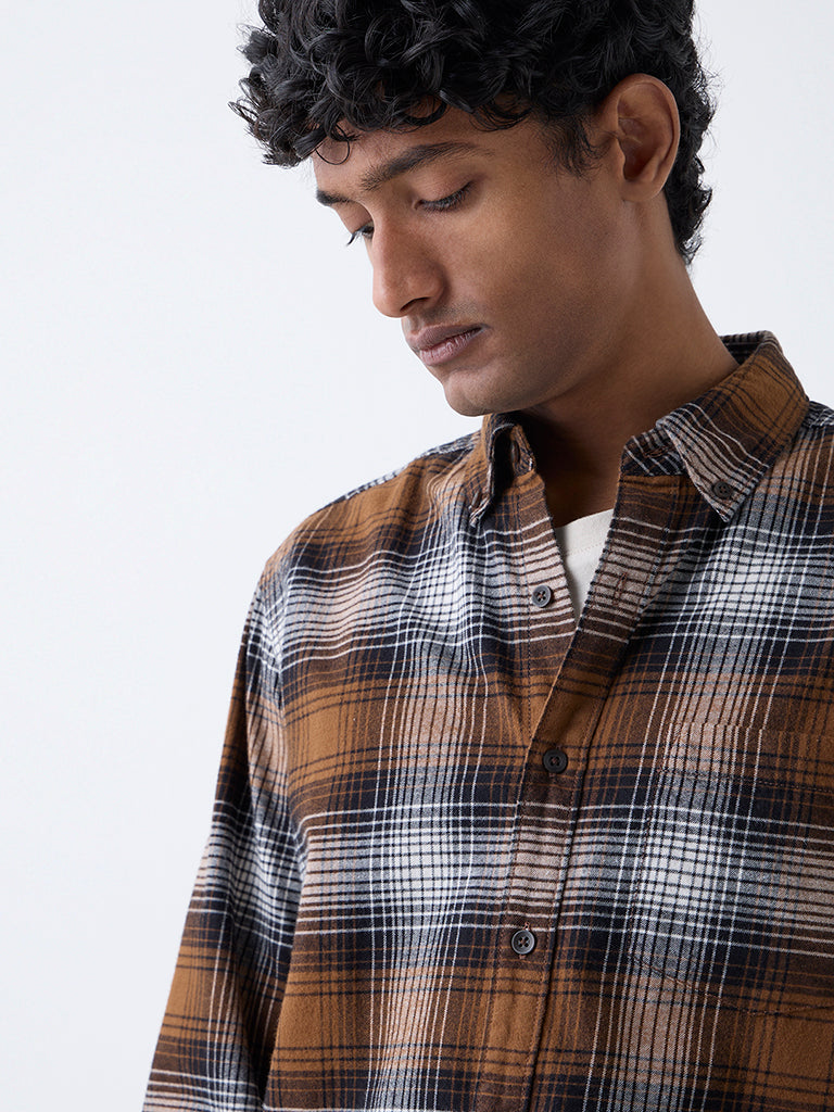 WES Casuals Brown Checkered Relaxed-Fit Cotton Shirt