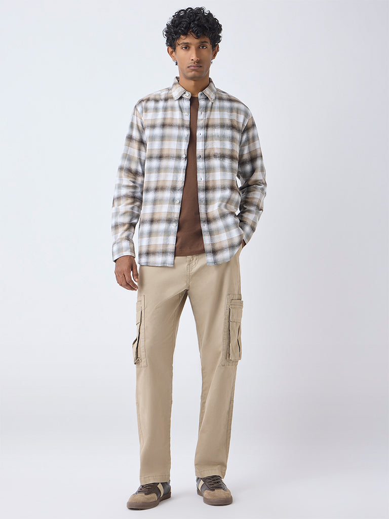 WES Casuals Brown Checks Design Relaxed-Fit Cotton Shirt