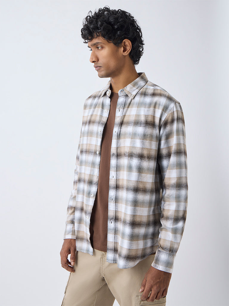 WES Casuals Brown Checks Design Relaxed-Fit Cotton Shirt