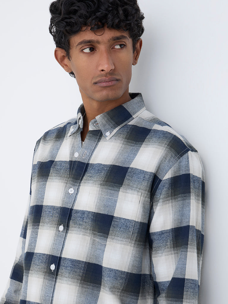 WES Casuals Navy Checks Pattern Relaxed-Fit Cotton Shirt