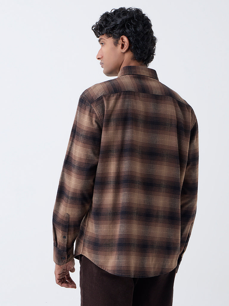 WES Casuals Brown Checks Printed Relaxed-Fit Cotton Shirt