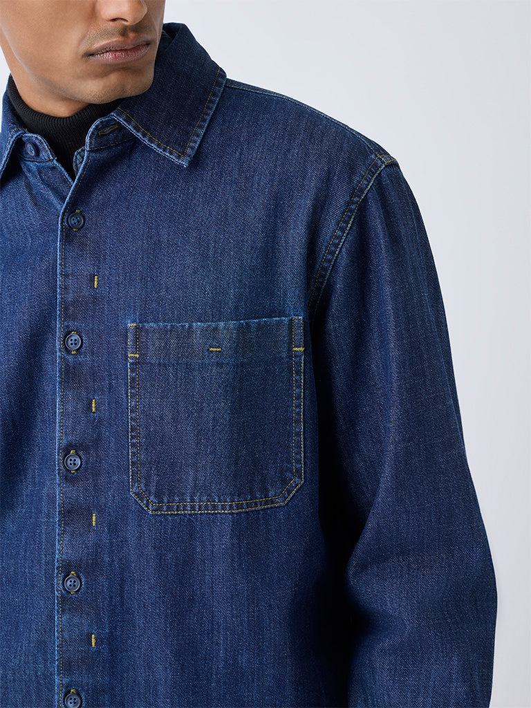 WES Casuals Dark Blue Relaxed-Fit Denim Shirt