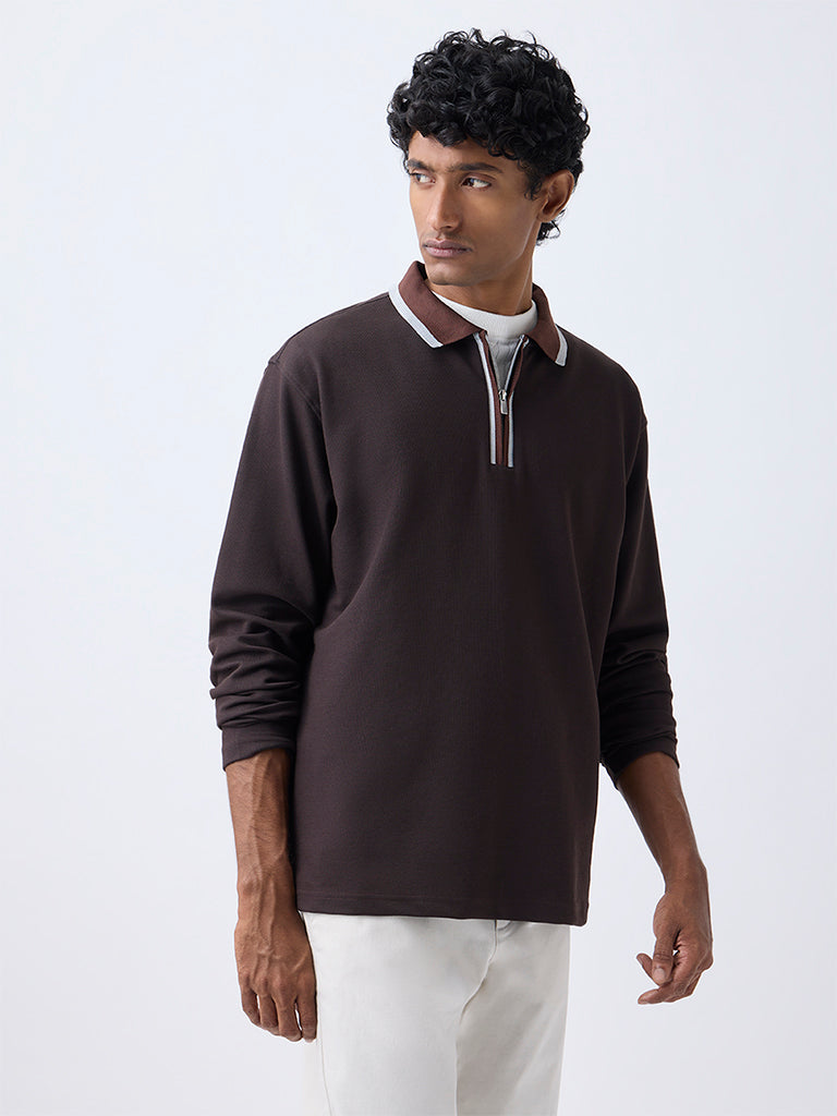 WES Casuals Brown Relaxed-Fit Quarter-Zip Cotton-Blend Sweatshirt