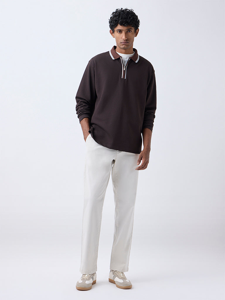WES Casuals Brown Relaxed-Fit Quarter-Zip Cotton-Blend Sweatshirt