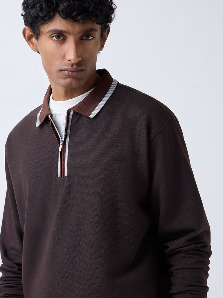 WES Casuals Brown Relaxed-Fit Quarter-Zip Cotton-Blend Sweatshirt