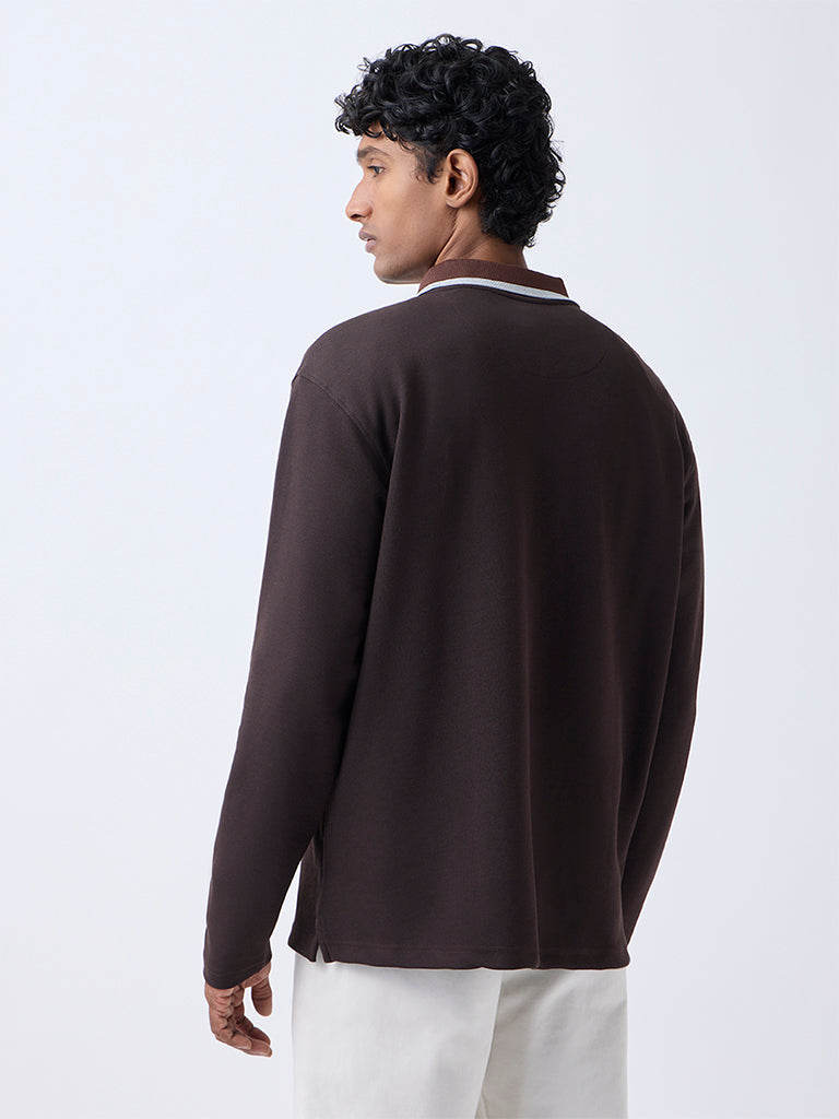 WES Casuals Brown Relaxed-Fit Quarter-Zip Cotton-Blend Sweatshirt