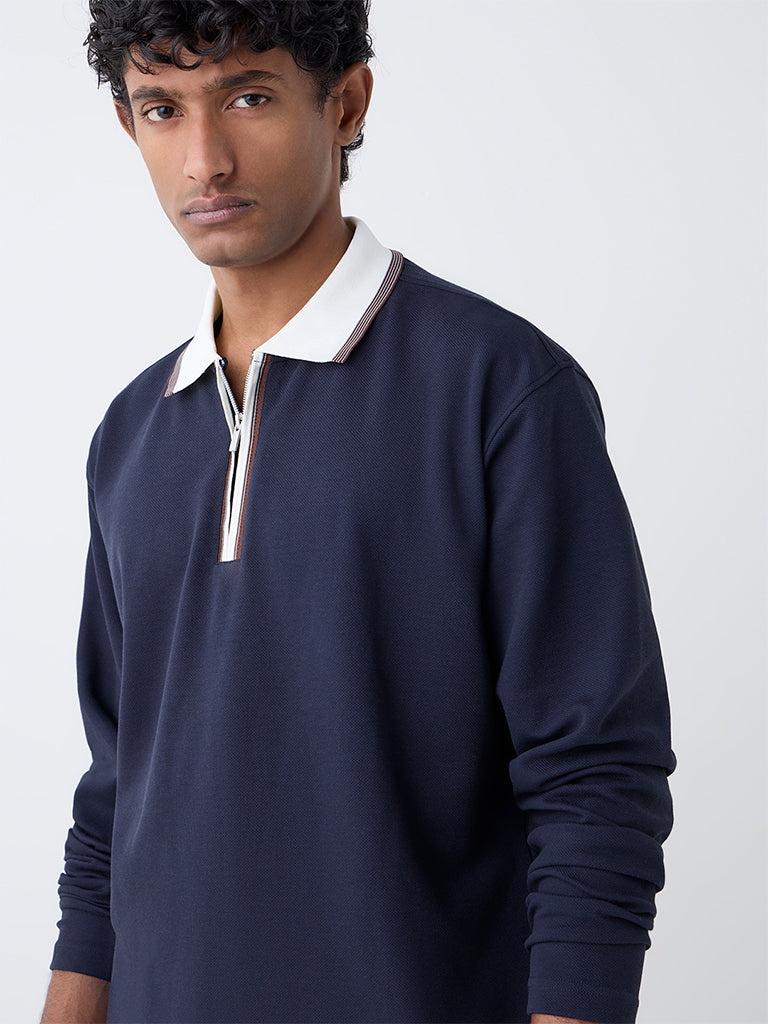 WES Casuals Navy Relaxed-Fit Quarter-Zip Cotton-Blend Sweatshirt