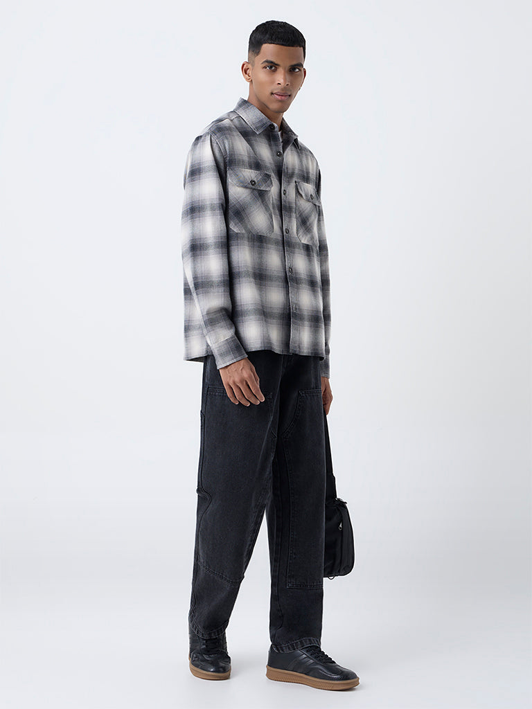 Nuon Black Check Pattern Relaxed-Fit Cotton-Blend Shirt