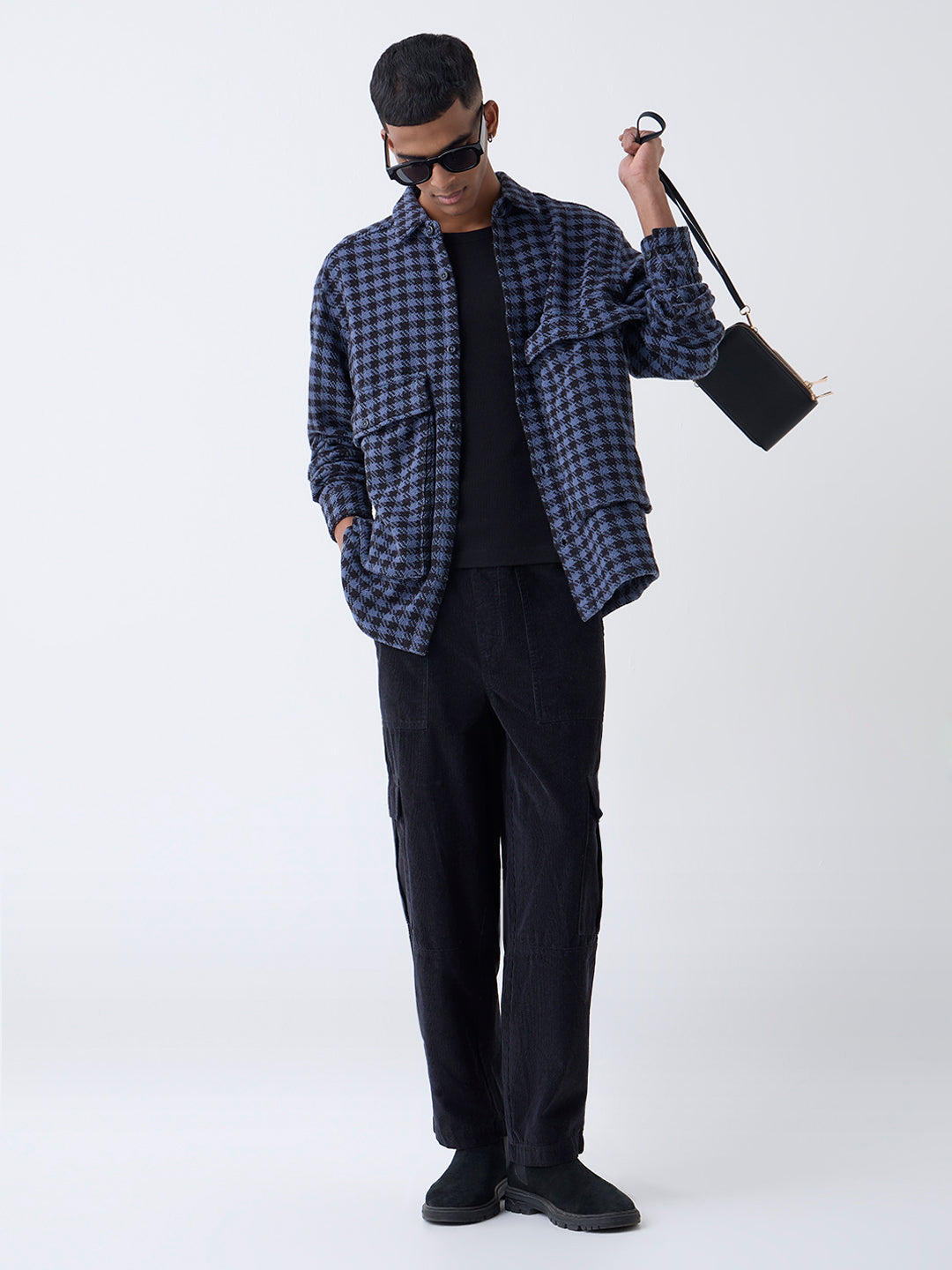 Nuon Blue Houndstooth Checkered Relaxed-Fit Cotton Jacket
