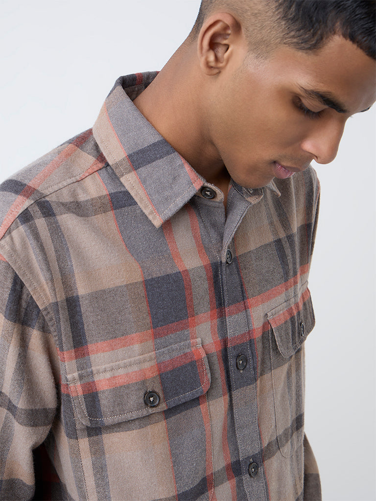 Nuon Brown Checkered Relaxed-Fit Cotton-Blend Shirt