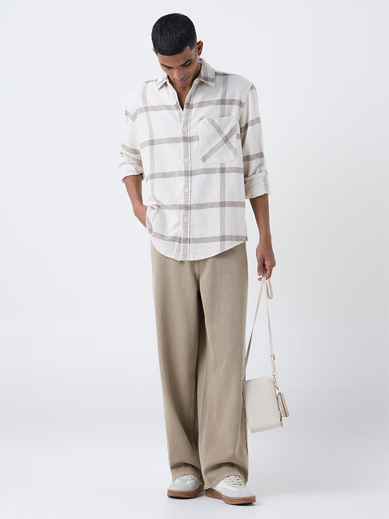 Nuon Beige Checks Printed Relaxed-Fit Cotton Shirt