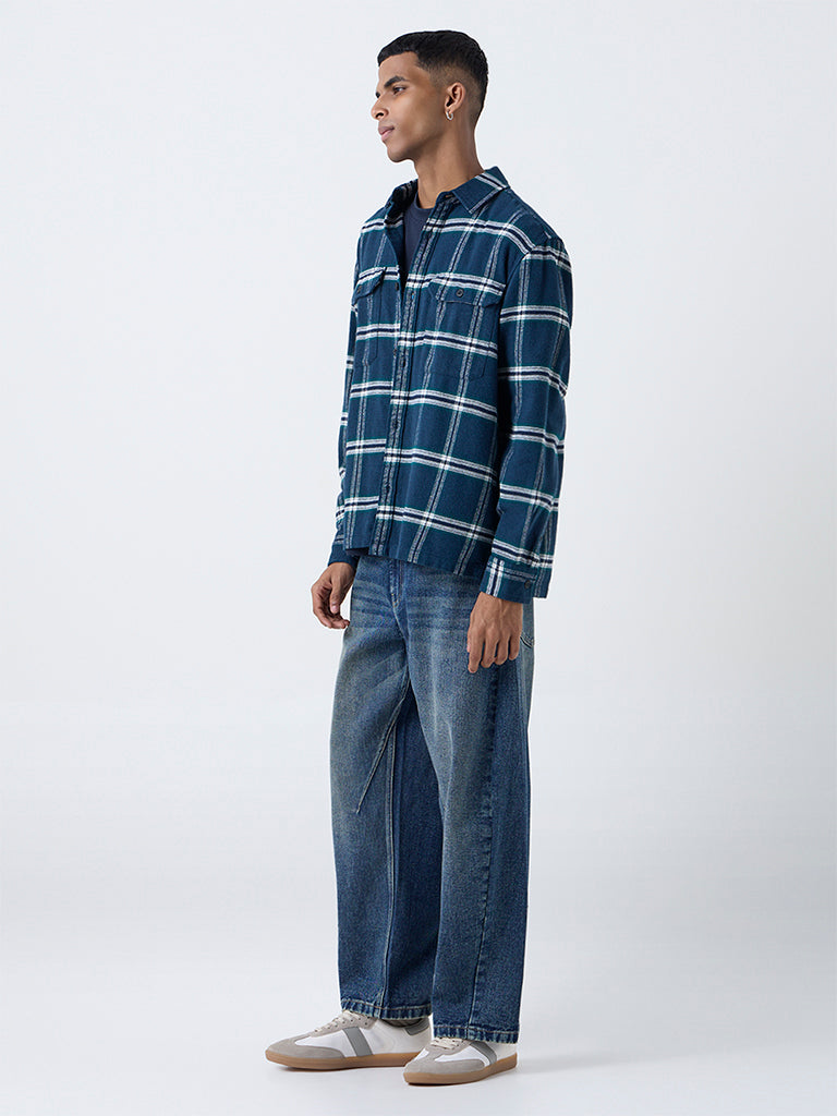 Nuon Dark Blue Checkered Relaxed-Fit Cotton Shirt