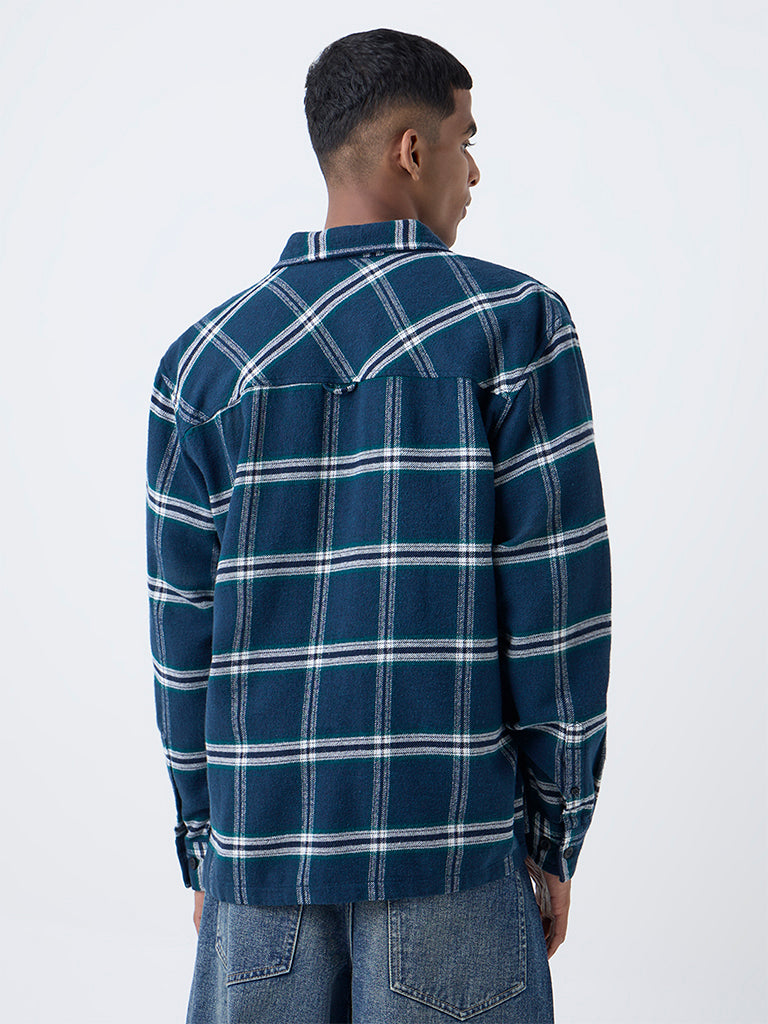 Nuon Dark Blue Checkered Relaxed-Fit Cotton Shirt