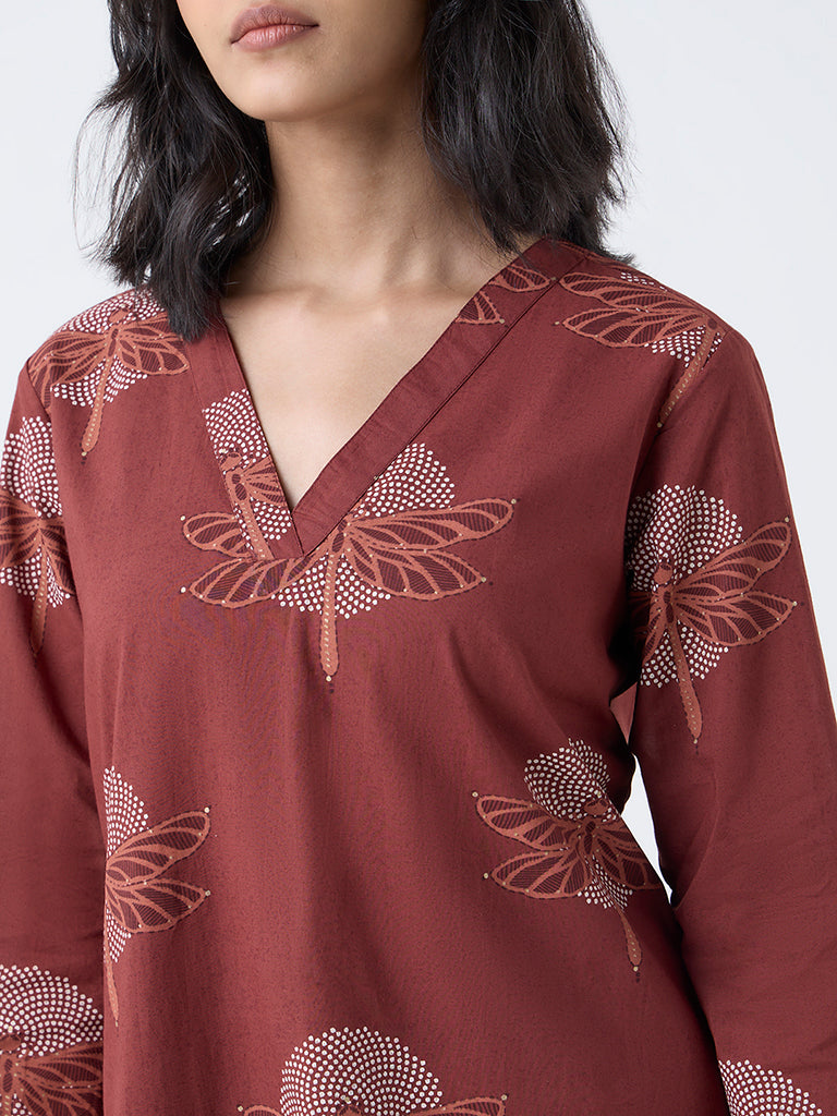 Utsa Brown Dragonfly Print Straight Cotton Kurta