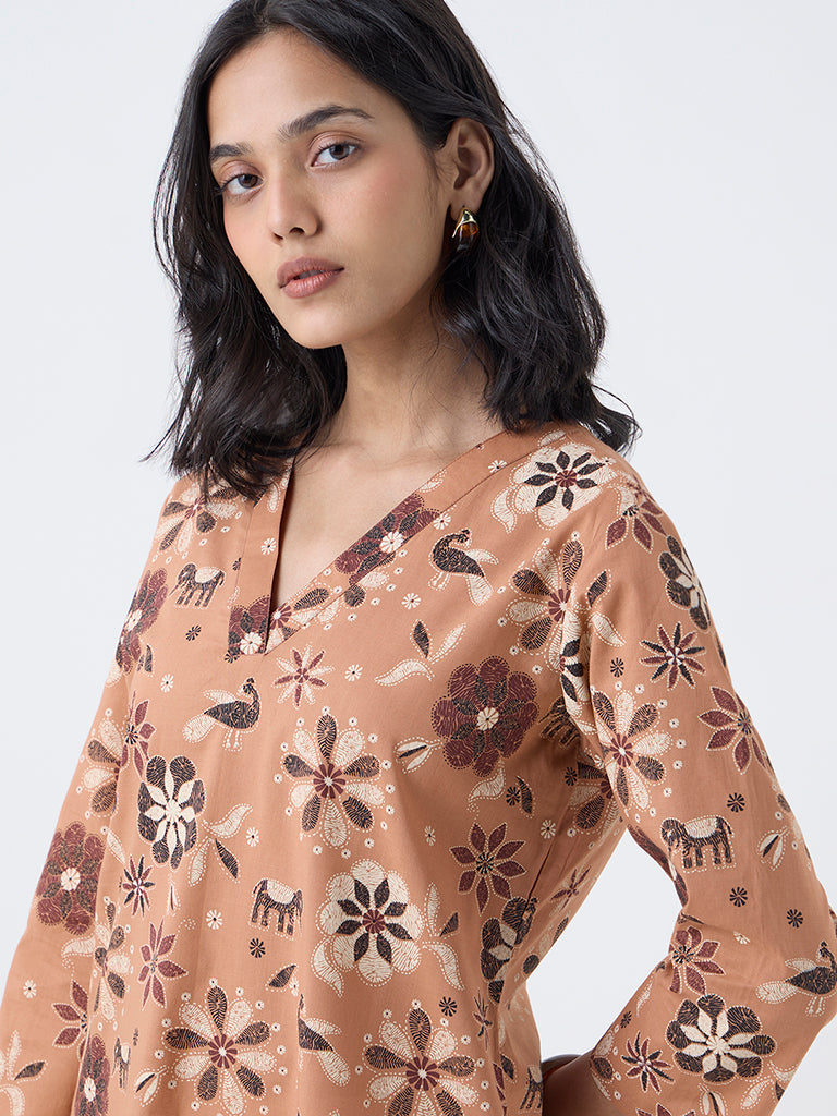 Utsa Peach Floral Pattern Straight Cotton Kurta