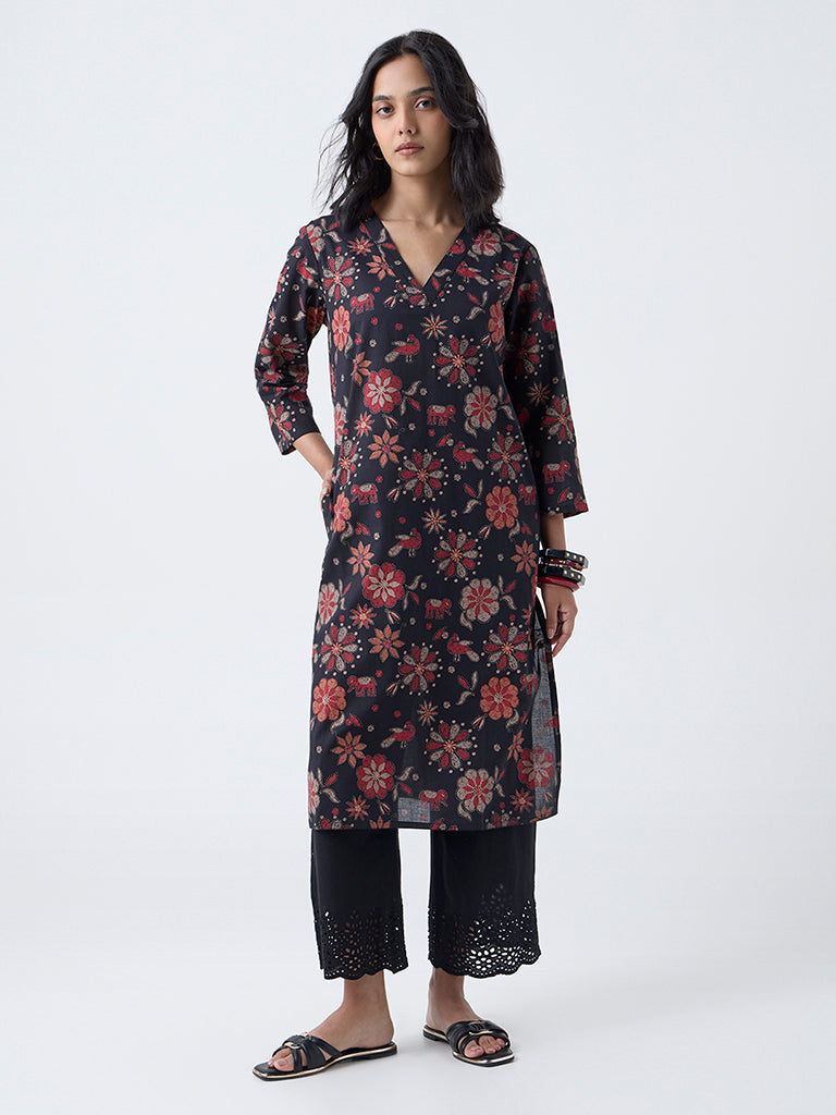 Utsa Black Floral Detailed Straight Cotton Kurta