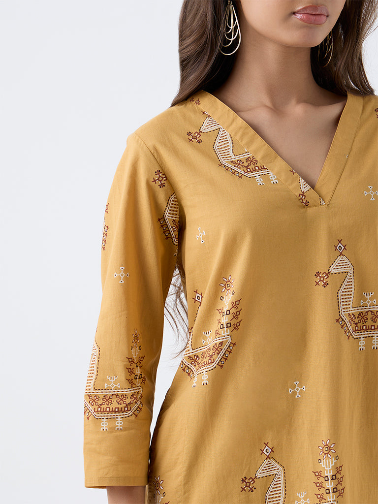 Utsa Mustard Printed Cotton Straight Kurta