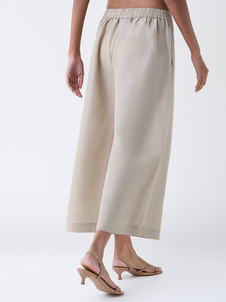 Zuba Taupe Solid Linen-Blend Ethnic Pants