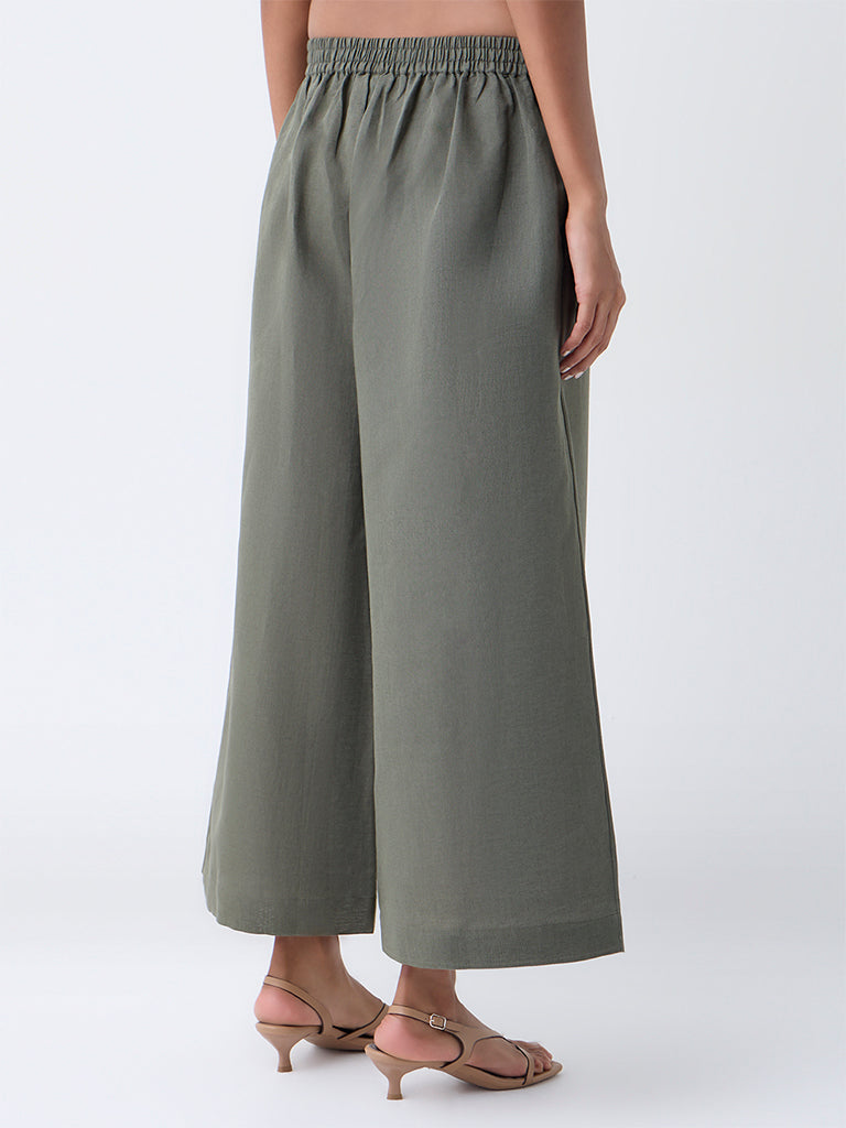 Zuba Olive Solid Linen-Blend Ethnic Pants
