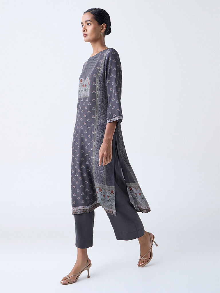 Zuba Grey Floral Pattern A-Line Kurta