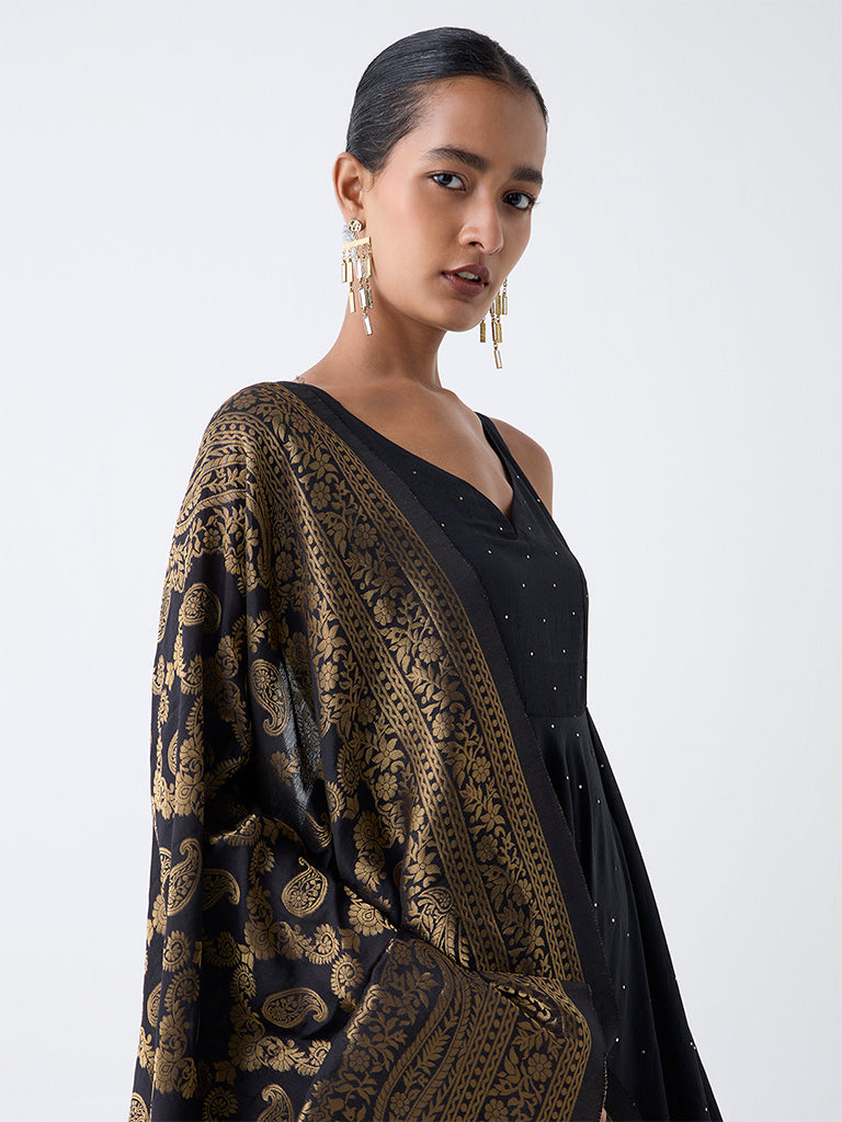 Vark Black Embellished A-Line Ethnic Set