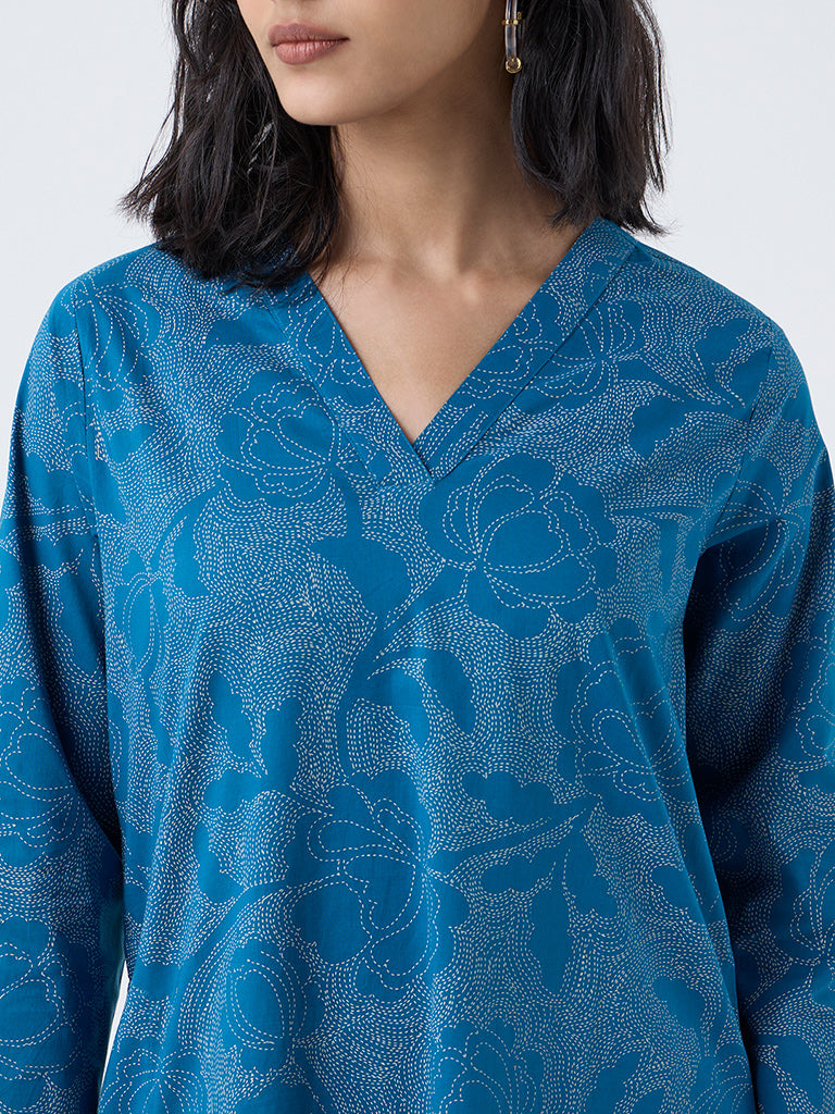 Utsa Blue Floral Design Cotton Straight Kurta