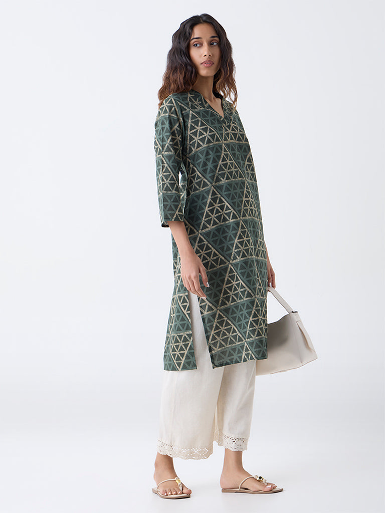 Utsa Sage Geometric Printed Straight Cotton Kurta