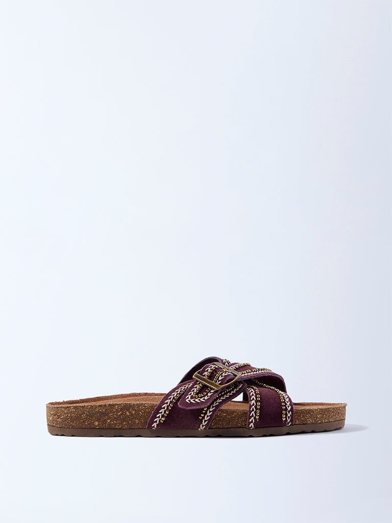 LUNA BLU Burgundy Buckle-Detailed Slip-On Suede Leather Sandals
