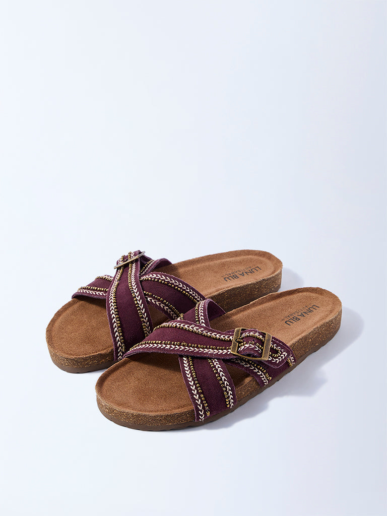 LUNA BLU Burgundy Buckle-Detailed Slip-On Suede Leather Sandals