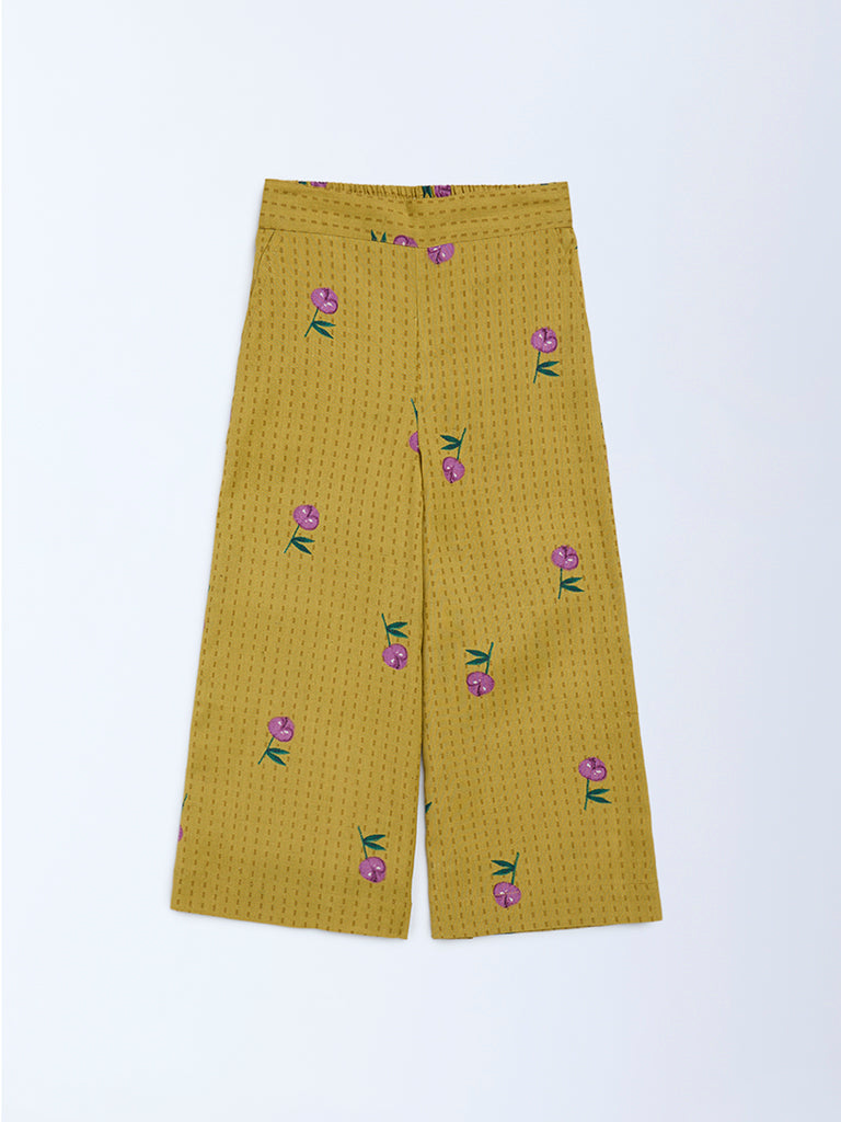 Utsa Kids Girls Mustard Floral Cotton-Blend Pants - (2-8 yrs)