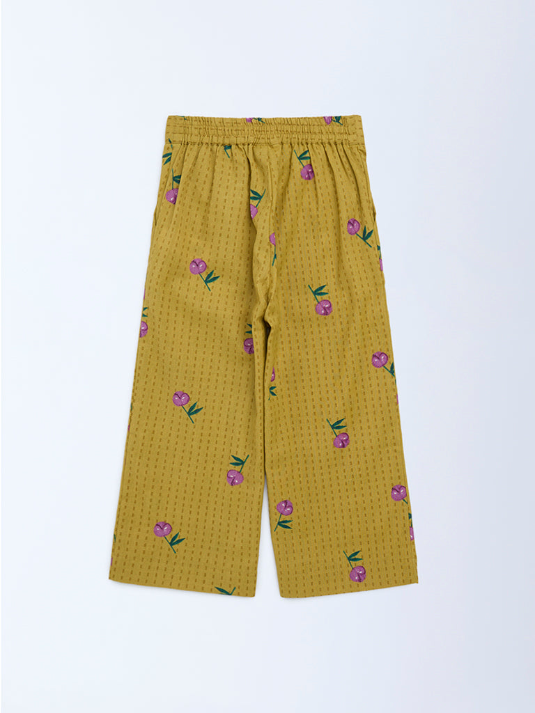 Utsa Kids Girls Mustard Floral Cotton-Blend Pants - (2-8 yrs)