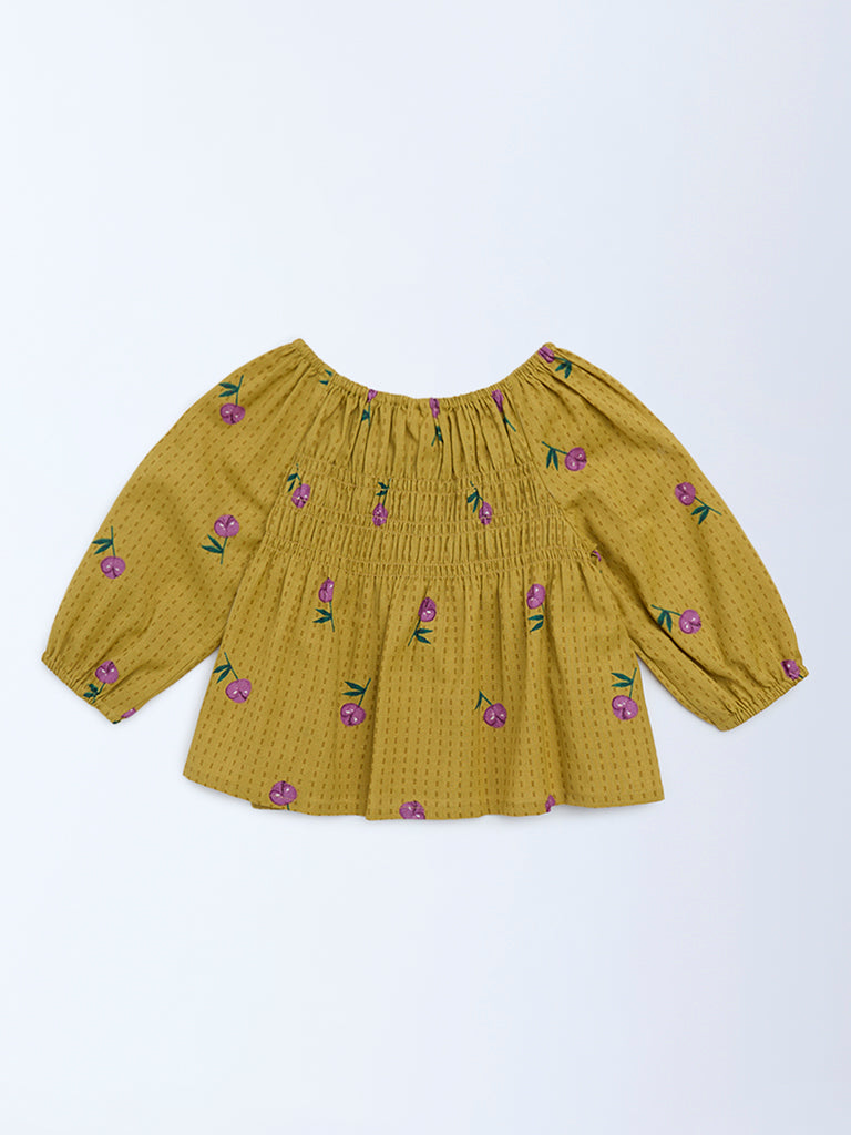 Utsa Kids Girls Mustard Floral Cotton-Blend Top - (2-8 yrs)