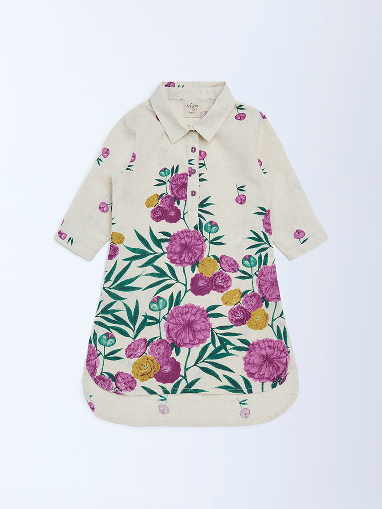 Utsa Kids Girls Off-White Floral Cotton-Blend Tunic - (2-8 yrs)