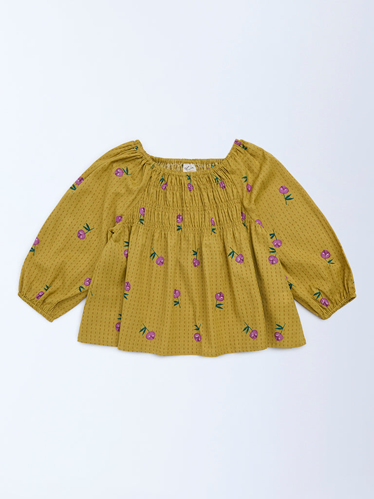 Utsa Kids Girls Mustard Floral Cotton-Blend Top - (8-14 yrs)