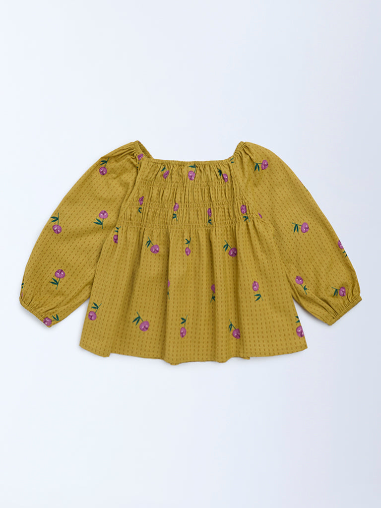 Utsa Kids Girls Mustard Floral Cotton-Blend Top - (8-14 yrs)