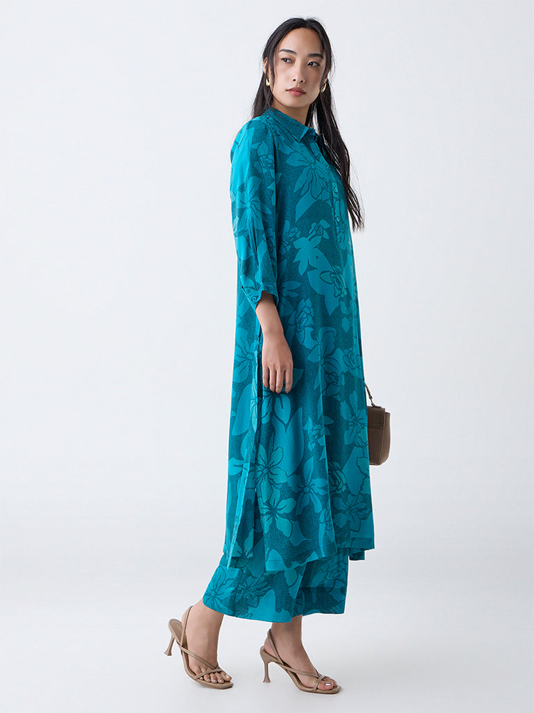 Utsa Teal Floral Printed Cotton A-Line Kurta